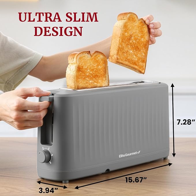 Elite Gourmet ECT2517G SLIMTOAST 2-Slice Long Slot Toaster, Grey | Cool-Touch Body, 6 Browning Shades, Extra-Wide 1.5" Slot Fits Artisan Bread, Bagels, Waffles & English Muffins