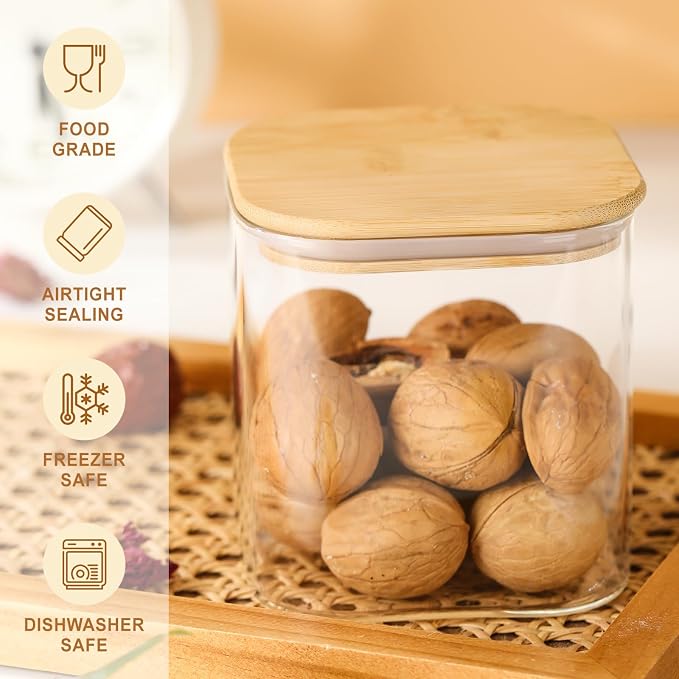 4-Pack Square Glass Containers with Bamboo Lids, 24oz | Airtight Canister Set, Glass Food Storage Jars with Lids for Candy, Coffee, Tea, Sugar, Flour, Cookies, Spices