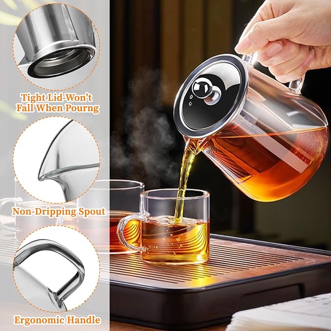 Glass Teapot with Stainless Steel Infuser, Borosilicate Tea Kettle, Clear Tea Maker for Loose Leaf Tea (950ML)