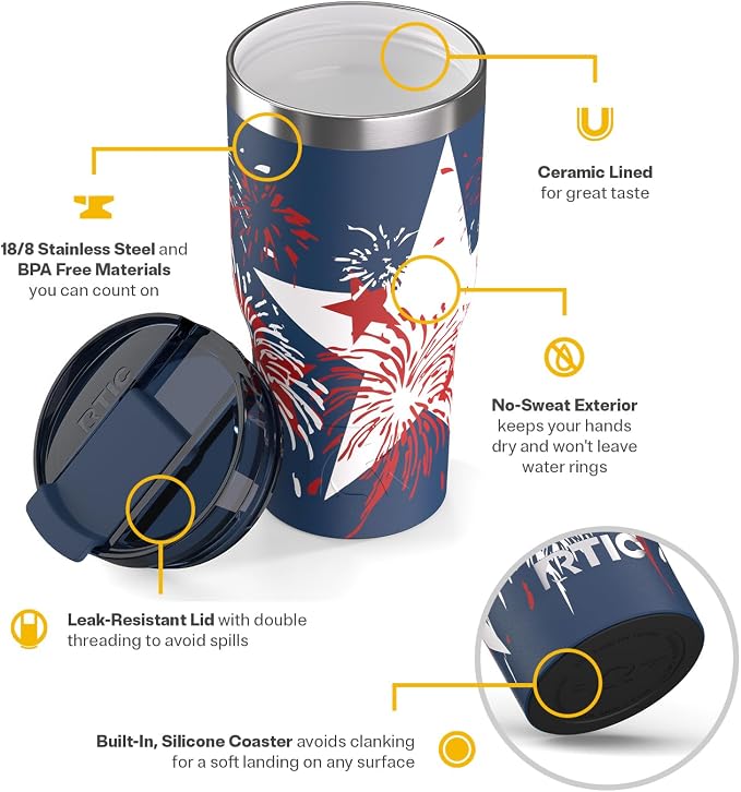 RTIC 20oz Essential Tumbler with Lid, Ceramic Lined, Insulated, Stainless Steel, Metal, Double Wall Vacuum-Insulation, Travel Cup for Iced Coffee, Tea, Hot and Cold Drink, Fireworks