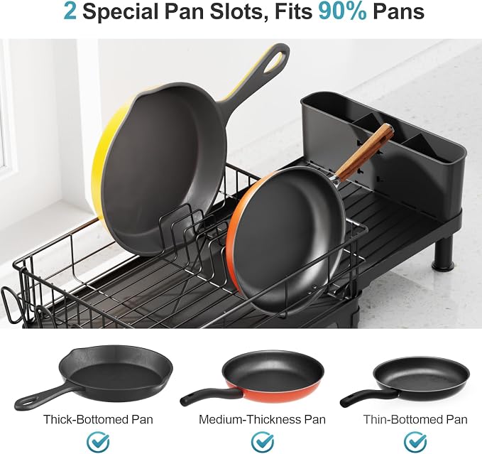 Large Dish Drying Rack - Expandable for Kitchen Counter, Black | 18.7-25.2 in Extendable Length, Vertical Pot Storage, Auto-Drain Spout, Removable Utensil Holder, Rust-Resistant Frame