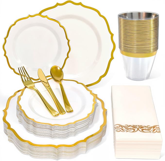 Glowserve 175 Piece Disposable Plastic Plates Dinnerware Set for 25 Guests | 50 Plastic Plates,25 Silverware Set,25 Cups and Napkins,Wedding Birthday,Family Party,Fancy Plastic Plates