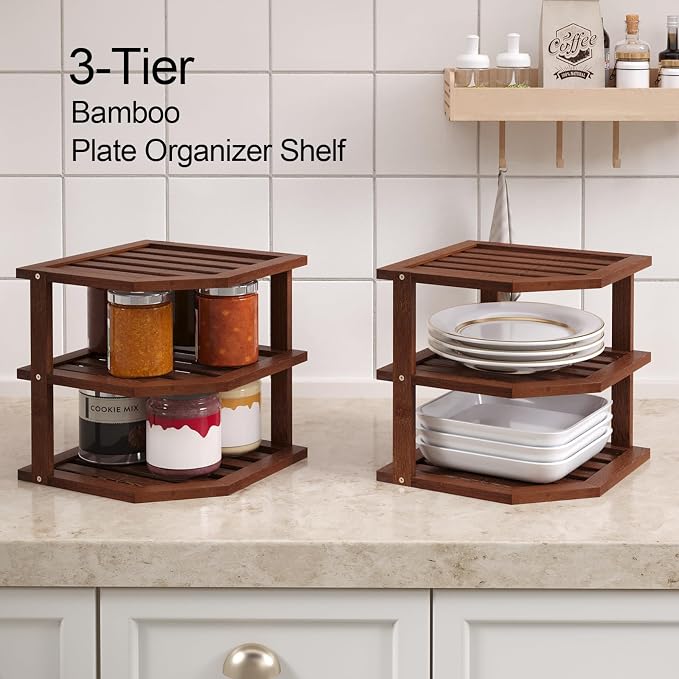 VERTORGAN 3 Tier Bamboo Dish Drying Rack,Corner Shelf 2 Pack(Brown) | Pantry Storage,Dish Rack,Spice Rack,Corner Organizer,Kitchen Counter Shelves,Kitchen Storage,Holds Plates