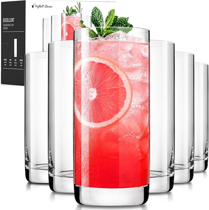 13oz Drinking Glasses Set of 6, Lead-Free Crystal Tall Highball Glassware | Clear tall water highball glasses, smooth rim and thick stable base, thoughtful holiday gift