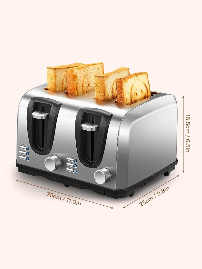 Yabano 4 Slice Toaster with Extra Wide Slots and 7 Shade Settings | Defrost And Reheat Functions, Smiley Face Toast Design, Stainless Steel, Countertop Toaster For Everyday Breakfast