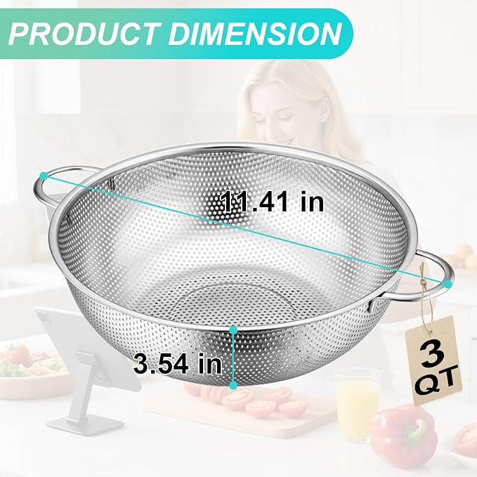 Stainless Steel Colander, 3-Quart Micro-Perforated Metal Colander Strainer with Handle for Kitchen/Draining Pasta/Rinsing Vegetables Fruits,Dishwasher Safe - 8.8 Inches