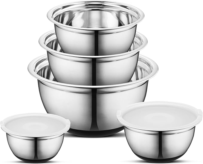 Premium Stainless Steel Mixing Bowls with Lids Non-Slip, Set of 5 Mixing Bowl Set with Silicone Base, Space Saving, Great for Cooking, Baking, Prepping (0.25qt, 1qt, 1.5qt, 3qt, 5qt)