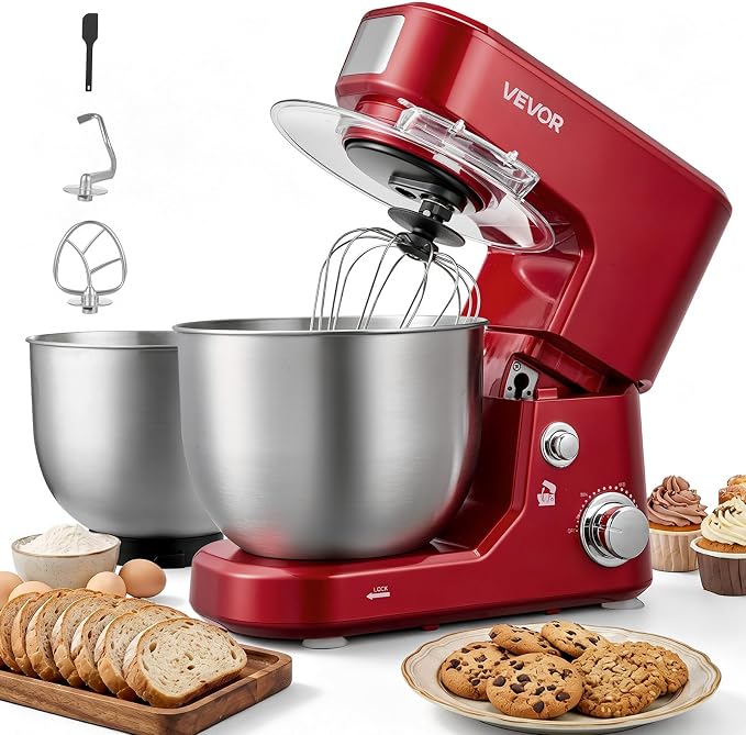 VEVOR 5.3+4.2 Qt Tilt Head Stand Mixer 400W Electric Dough Mixer, 3 Speeds Food Kitchen Mixer with Stainless Steel Bowl, Splash Guard, Dough Hook, Whisk, Beater, for Baking Mixing Whipping