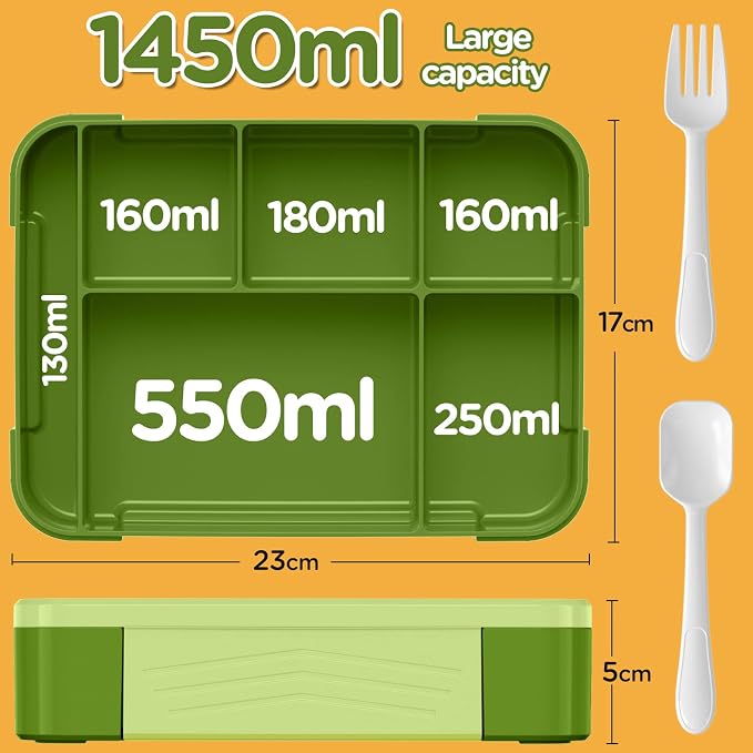 Bento Box Kids Lunch Box - 1450ml Large Leakproof 6 Compartments Kids Lunchbox Toddler Bento Box with Utensils for School, Book-Style Reusable Lunch Snack Containers for Daycare