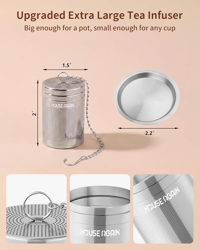 House Again 2 Pack Tea Infusers, Extra Fine Mesh Tea Strainers for Loose Tea, Updated Slim Threaded Lid & 304 Stainless Steel, Loose Leaf Tea Steeper for Brew Tea Spices & Seasonings