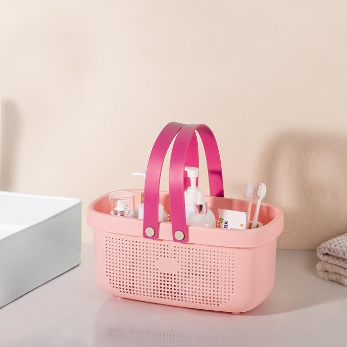 Portable Shower Caddy Basket with Handles Plastic Storage Basket Light Pink | Sturdy Drainage Large Capacity Organizer Basket with Silicone Handles for Bathroom Kitchen Bedroom College Dorm Essentials
