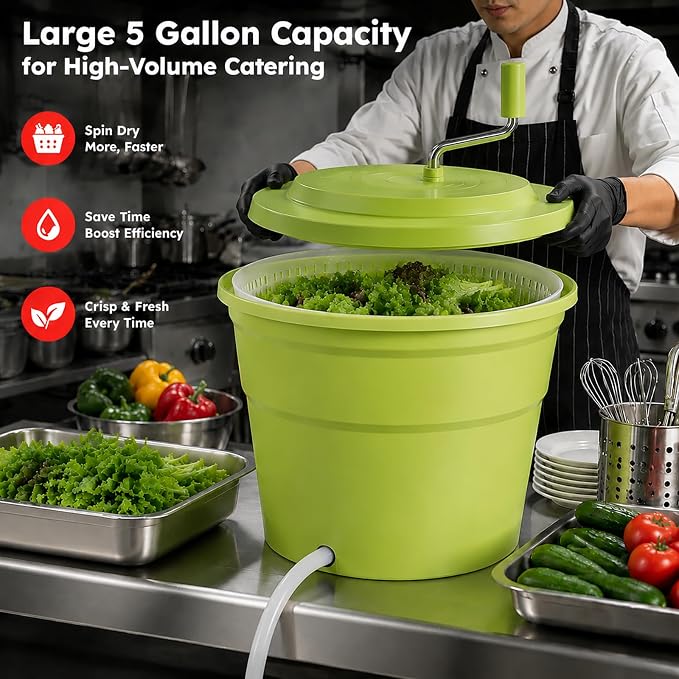 Commercial Salad Spinner, 5 Gallon (20QT) Large Capacity Vegetable Dryer with Built-in Drain Hose, Ergonomic Aluminum Handle, Sealed Gearbox, Efficiently Dries Up to 6–8 Heads of Lettuce
