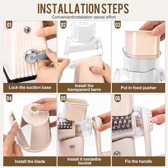 Rotary Cheese Grater with 5 Well-designed Blades & Strong Suction Base, Kitchen Mandoline Vegetable Slicer with Blade Storage Box(Off-white)