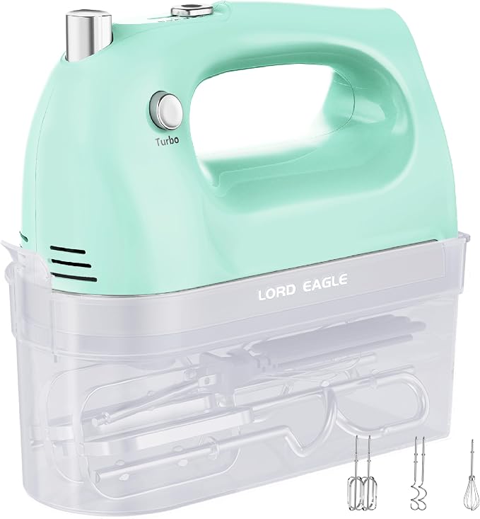 Lord Eagle Hand Mixer Electric Handheld 400W,5-Speed Lightweight, Green | Kitchen Mixer with Storage Case, 5 Stainless Steel Attachments for Baking Cake Egg Cream Food Beater, Turbo+Eject Button