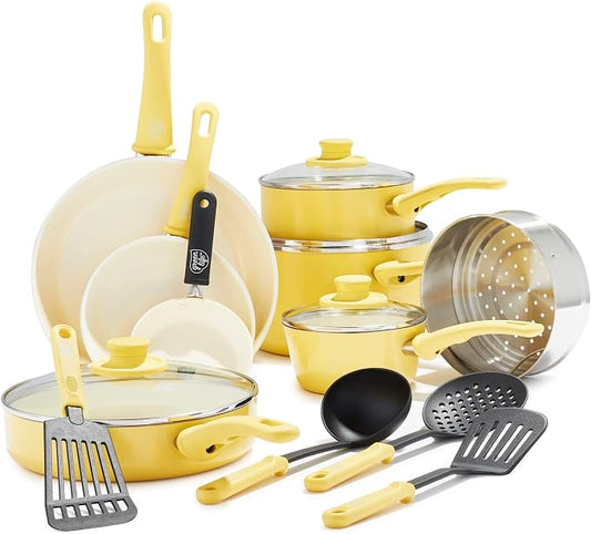 GreenLife 16 Piece Ceramic Nonstick Pots & Pans Cookware Set, Yellow | PFAS-Free Nonstick Coating, Stockpot, Frying Pans, Saucepans, Sauté Pan, Stay-Cool Handles, Dishwasher & Oven Safe up to 350F