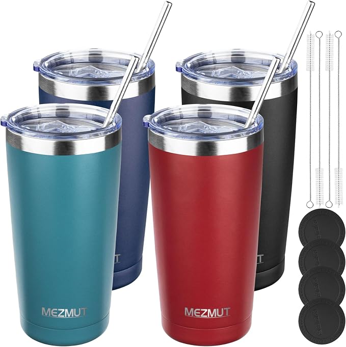 MEZMUT 20oz Insulated Tumbler Cup Travel Coffee Mug with Lid(Mixed2,4 Pack) | 18/8 Stainless Steel Double Wall Vacuum Spill Proof Metal Tumbler Bulk with Lid and Straw, Hot or Iced Coffee Cup