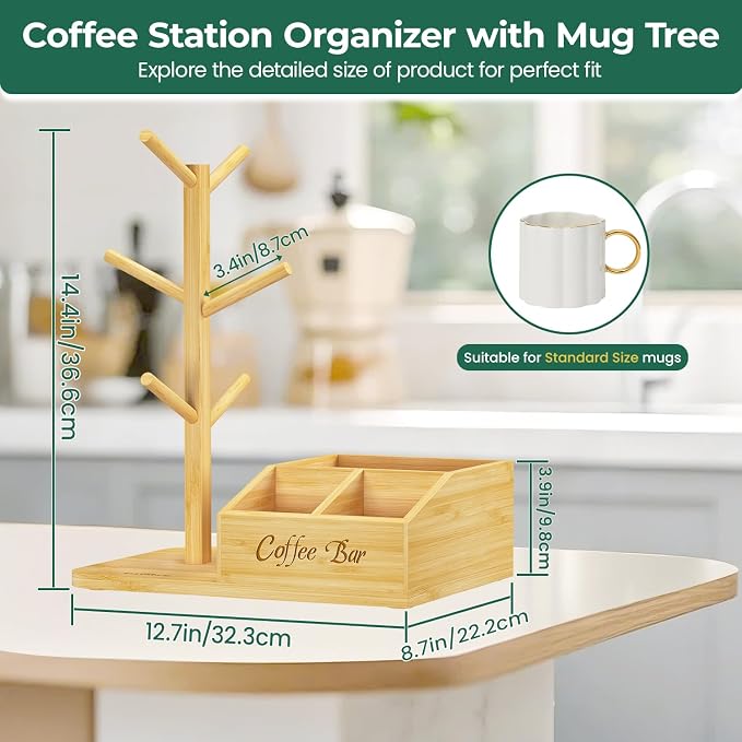 EsLuker.ly Mug Tree Holder Stand, Countertop Bamboo Coffee Cup Organizer | Rack for Kitchen Office, Space-Saving Coffee Station Bar Organizer with 6 Hooks, Modern Design Enhances Decor