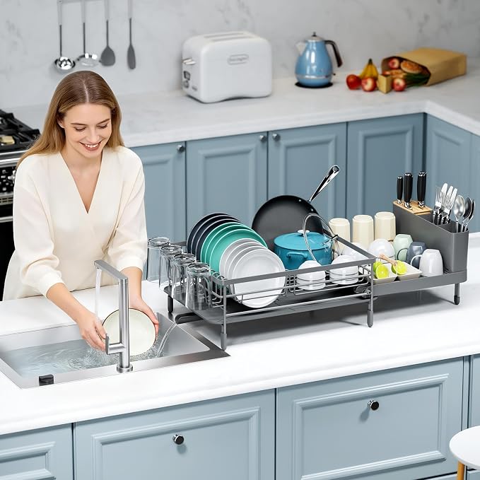 Urackify Extendable Dish Drying Rack, 18.5"-26.7" L x 12.7" W, Gray | Multifunctional large dish rack with cup holder and built-in cutlery holder for versatile drying needs