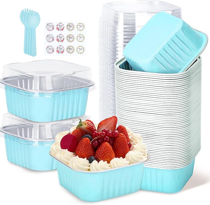 100Pack 5oz Blue Mini Cake Pans with Lids and Spoons and Stickers Baking Cups Aluminum Foil Pans Tins, Individual Dessert Cups Containers for Sales,Party,Picnics