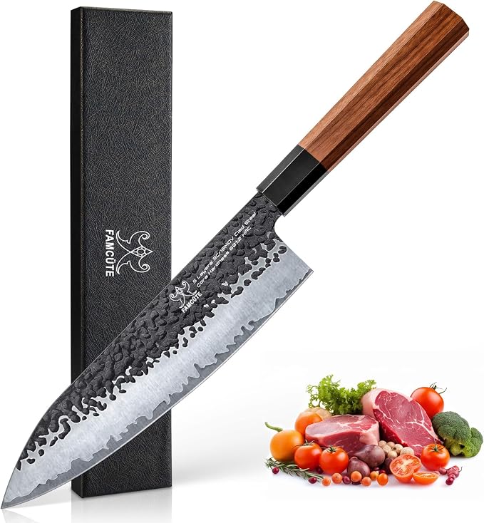 8" Japanese Knife, Hand-Forged Ultra Sharp Chef Knife Gifts for Men | 5-Layer High Carbon 9CR18MOV Steel Kitchen Knife with Rosewood Handle for Home Cooking/BBQ, Unique Birthday Gifts for Dad/Mom