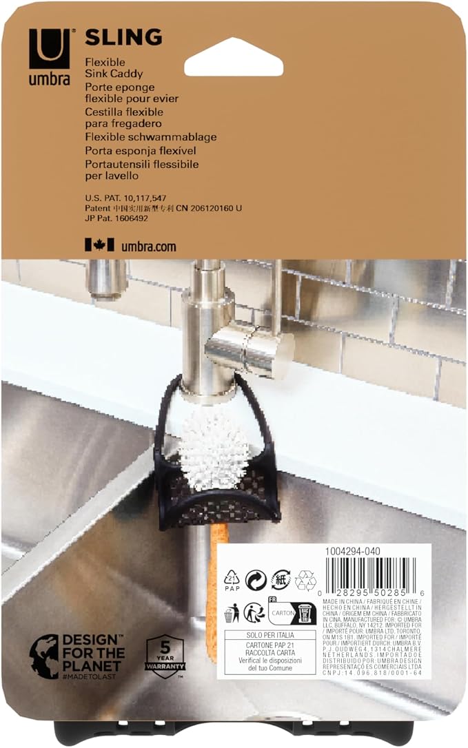 Umbra Sling Flexible Sink Caddy, Elastic Non-Slip Sponge Holder, Black | Rubber material, perforated base for drainage, prevents moisture buildup, fits faucet necks, easy rinse clean