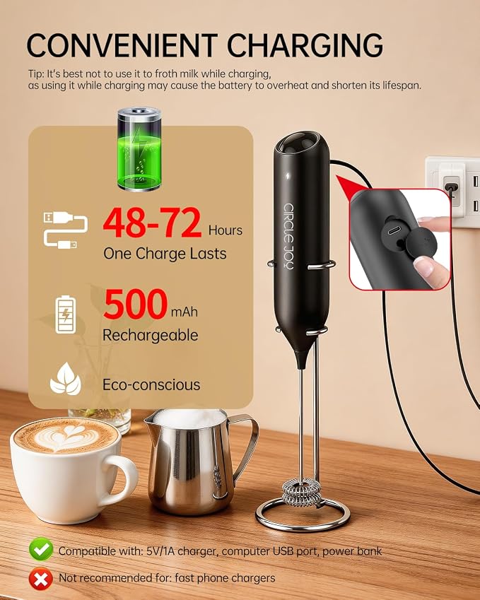 CIRCLE JOY Rechargeable Milk Frother Handheld with Stand, Dual Spring Whisk Head Electric Coffee Frother Foam Maker, Portable Drink Mixer for Cappuccino, Latte, Matcha, Black