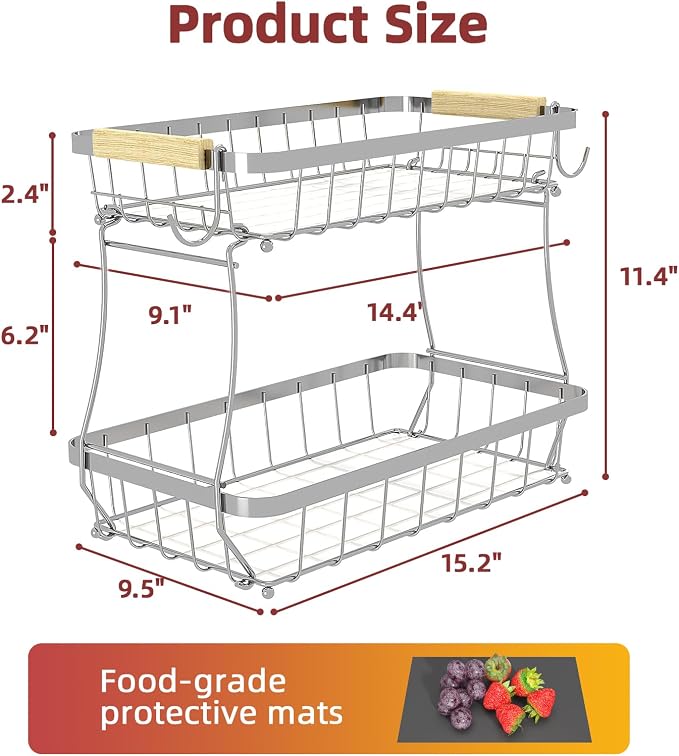 2-Tier Fruit Basket with Banana Hangers, Detachable Metal Bowl | Wooden handle, protective mats included. Versatile holder for bread, snacks, and veggies. Extra Large 2 tier metal design.