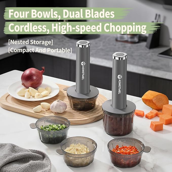4-Cup Electric Mini Food Processor, Grey | Portable USB Small Food Processor, Electric Garlic Chopper, Garlic Mincer, for Dicing, Mincing, and Puree