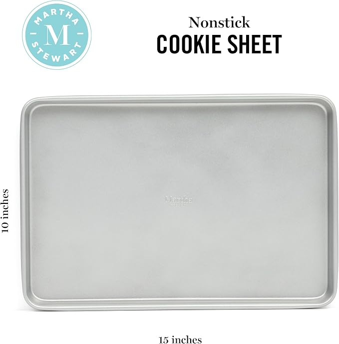Martha Stewart Gallen 15 x 10 Inch Nonstick Carbon Steel Cookie Sheet – Silver, Durable Bakeware for Even Baking and Easy Cleanup