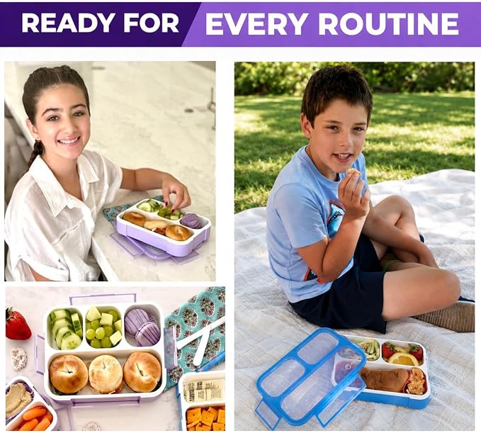 Bento Lunch Box for Kids or Adults, Snack Containers for Boys, Girls, School Daycare Work, 3 & 4 Divided Compartments Meal Planning Portion Control, BPA-Free Boxes, Utensils | Blue Purple 2 Pack