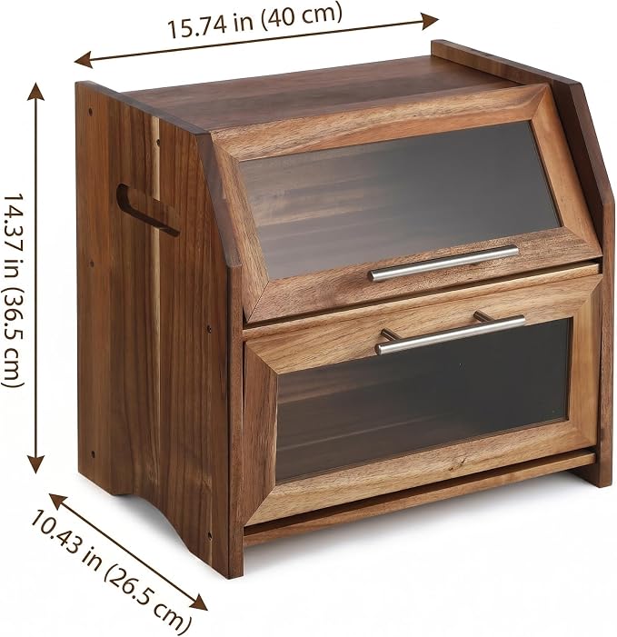 Garvee Acacia Wood Double Layer Bread Box, Clear Acrylic Door | Ventilation Design, Compact Countertop Organizer, Farmhouse/Country/Modern Kitchen Decor Styles