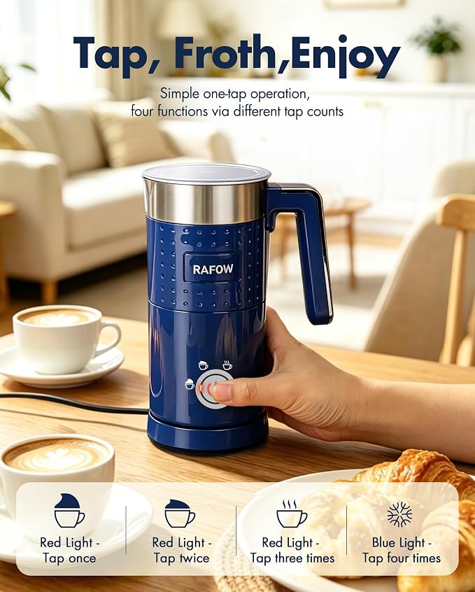 Milk Frother Electric 4 in 1: 10oz/350 mL Large Capacity Electric Milk Steamer for Hot and Cold Milk Froth - Automatic Milk Frother & Warmer for Latte, Cappuccinos, Macchiato, Hot Chocolate-Blue