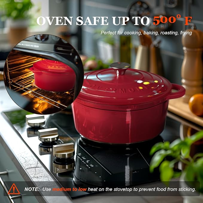 Overmont Enameled Cast Iron Dutch Oven - 4.5QT Pot with Lid Cookbook & Cotton Potholders - Heavy-Duty Cookware for Braising, Stews, Roasting, Sourdough Baking red