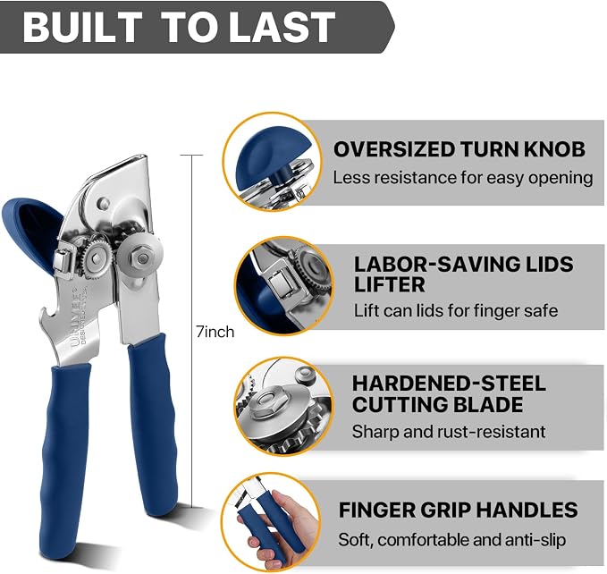 UHIYEE Heavy Duty Hand Can Opener with Comfortable Grip for Seniors, Blue | Manual Can Opener, Hardened Steel Blade, Rubber-Coated Handle, Oversize Knob, Built-in Magnet & Bottle Opener