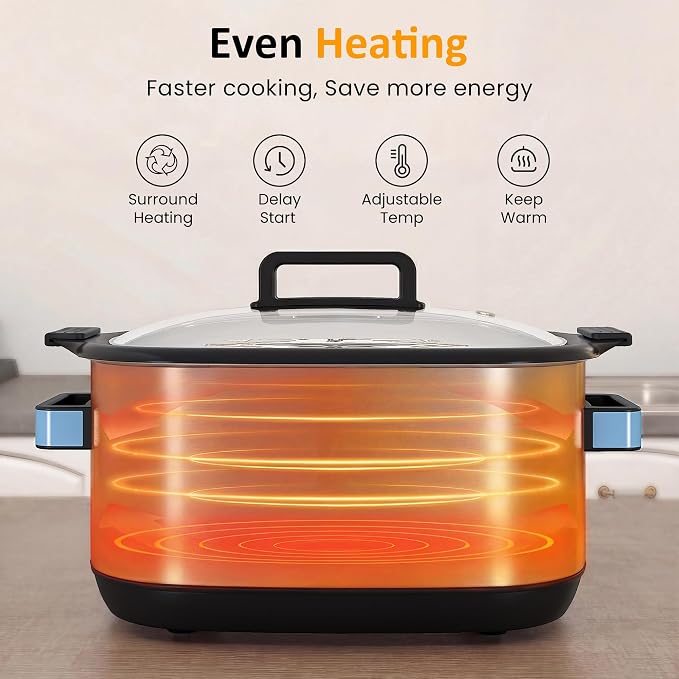 Sunvivi 12-in-1 Programmable Slow Cooker 6.5QT with Timer & Keep Warm | Multicooker with Timer & Temp Control, Dishwasher Safe Lid & Removable Nonstick Crock, Stainless Steel Rack, Blue