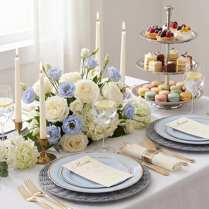 175PCS Blue Plates Disposable - Baby Blue Plastic Plates - 25Guests Plastic Dinnerware with Rolled Napkins for Wedding/Birthday/Baby Shower