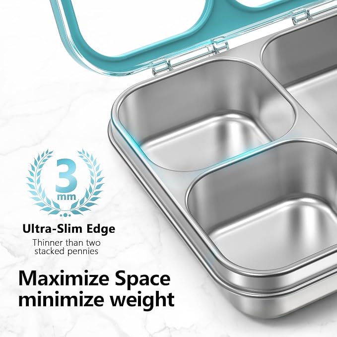 HOMEKOL Stainless Steel Bento Lunch Box 3-Compartment, 4.2Cups, Blue | Leak-Proof Metal Lunch Container for Kids & Adults, BPA-Free, Dishwasher Safe, Clear Tritan Lid, 1000ml (Not Insulated)
