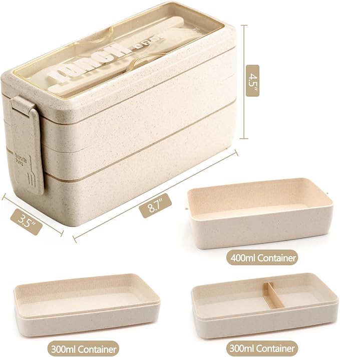 35Pcs Bento Box Japanese Lunch Box Kit Leakproof Bento Lunch Box for Kid Adult Wheat Straw 3 Layer Stackable Lunch Container w Compartment Eco-Friendly Meal Prep for Prepy Girl Boy Women (Beige)