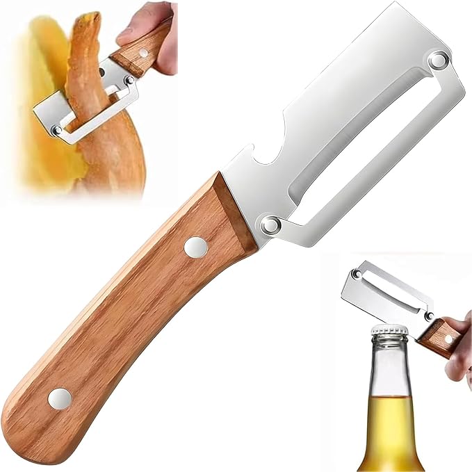 NEW Premium Vegetable Peeler with Wooden Handle and Bottle Opener: 2-in-1 Stainless Steel Kitchen Tool for Fruit Apple Potato Pumpkin Papaya (1Pcs)
