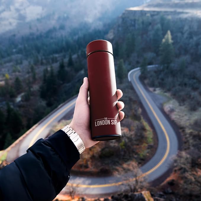 London Sip Multi-Purpose Travel Mug and Tumbler Fruit Infused Flask Hot and Cold Double Wall Stainless Steel Thermos with Extra-Long Infuser, Sacred Red, Pack of 2