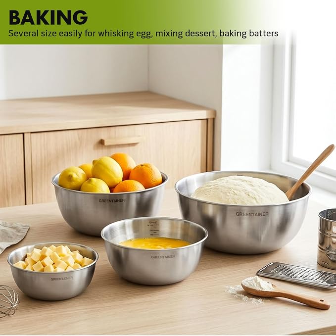 Greentainer Stainless Steel Mixing Bowls Set of 6, Nesting Bowls with Measurement Markings, 7.6 to 0.8 Qt for Baking, Prepping, Cooking and Serving Food, Large Metal Kitchen Bowls Dishwasher Safe
