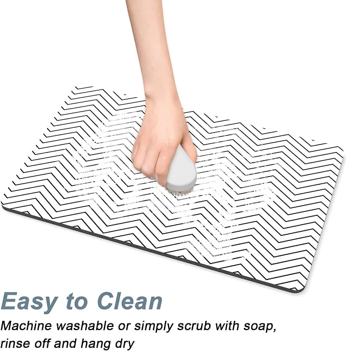Rnivvi Coffee Mat, 12" x 19" Cute Coffee Bar Mats for Espresso Machine Station Accessories and Organizer, Hide Stain Rubber Backed Absorbent Dish Drying Pad for Kitchen Counter, White Strip