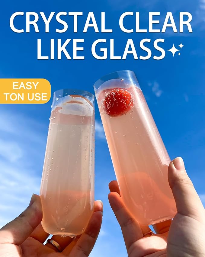 24 Pack Plastic Champagne Flutes, 9 Oz Disposable Wine Mimosa Glasses | Clear Stemless Champagne Flutes Cocktail Glasses, Plastic Cups for Bridal Shower Bachelorette Party Mimosa Bar