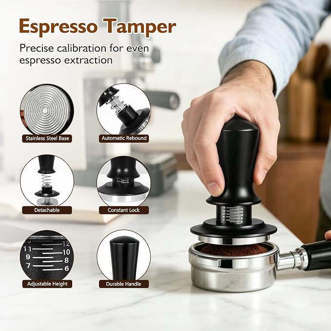 7Pcs Espresso Accessories Kit 58mm Coffee Tamper Set Tool for Barista | Espresso Machine Accessories Tools Tamper Kit with Tamping Station, WDT Tool, Coffee Distributor, Dosing Funnel, Puck Screen