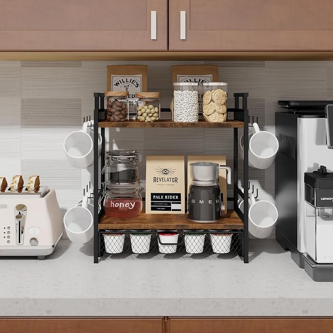 Coffee Bar Organizer for Countertop, Coffee Station Organizer | Coffee Organizer Station with Mug Holder, 3 Tier Coffee Cup Holder with Hooks and Drawer, K Cup Storage, Tea Station Stand