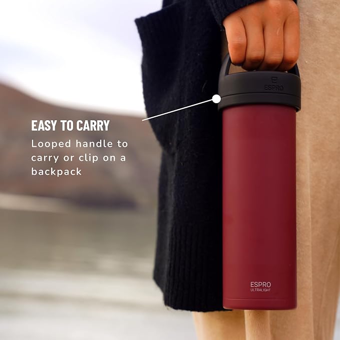 ESPRO Go P0 Ultralight French Press Coffee Maker for Travel, Vacuum Insulated Stainless Steel, 16 Ounces, Cranberry