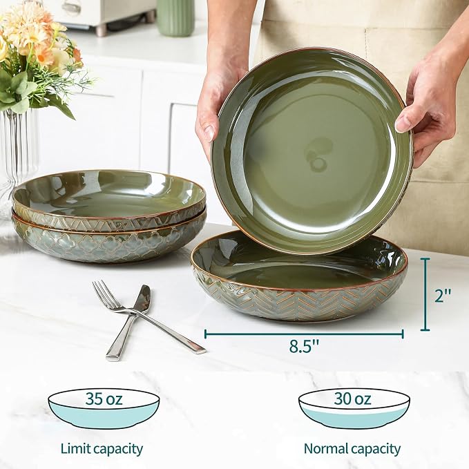 Sureasy Pasta Bowls Set of 4, 30oz Large Ceramic Embossed Bowl Plates, 8.5 Inch Wide and Shallow Plate Bowls, Salad Bowl, Microwave, Oven & Dishwasher Safe, Green