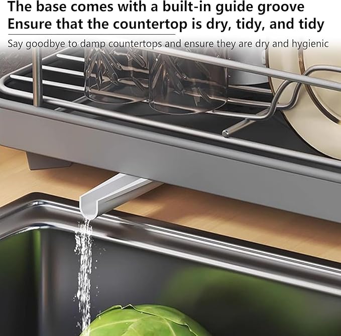 Dish Drying Rack for Kitchen Counter, Carbon Steel Sink Organizer with Drainboard & Cutlery Holder, Space-Saving Sturdy Metal Rack for Home Apartment (Gray)