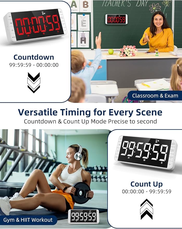Large 7.8" Digital Timer with LED Display, Magnetic for Kitchen & Classroom | USB-C Rechargeable Timer with 99-Hour Count Up & Countdown, 3 Brightness Levels, 5 Alarm Sounds, 4 Volume Levels for Study