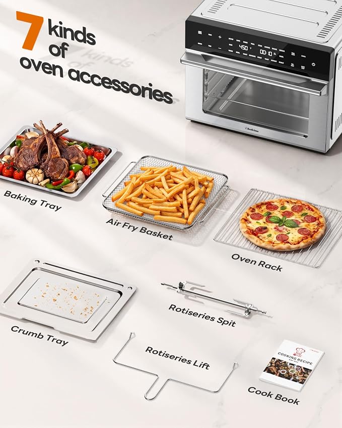 Beelicious 32QT Extra Large Air Fryer, 19-In-1 Air Fryer Toaster Oven Combo with Rotisserie and Dehydrator, Digital Convection Oven Countertop Airfryer Fit 13" Pizza, 6 Accessories, Stainless Steel